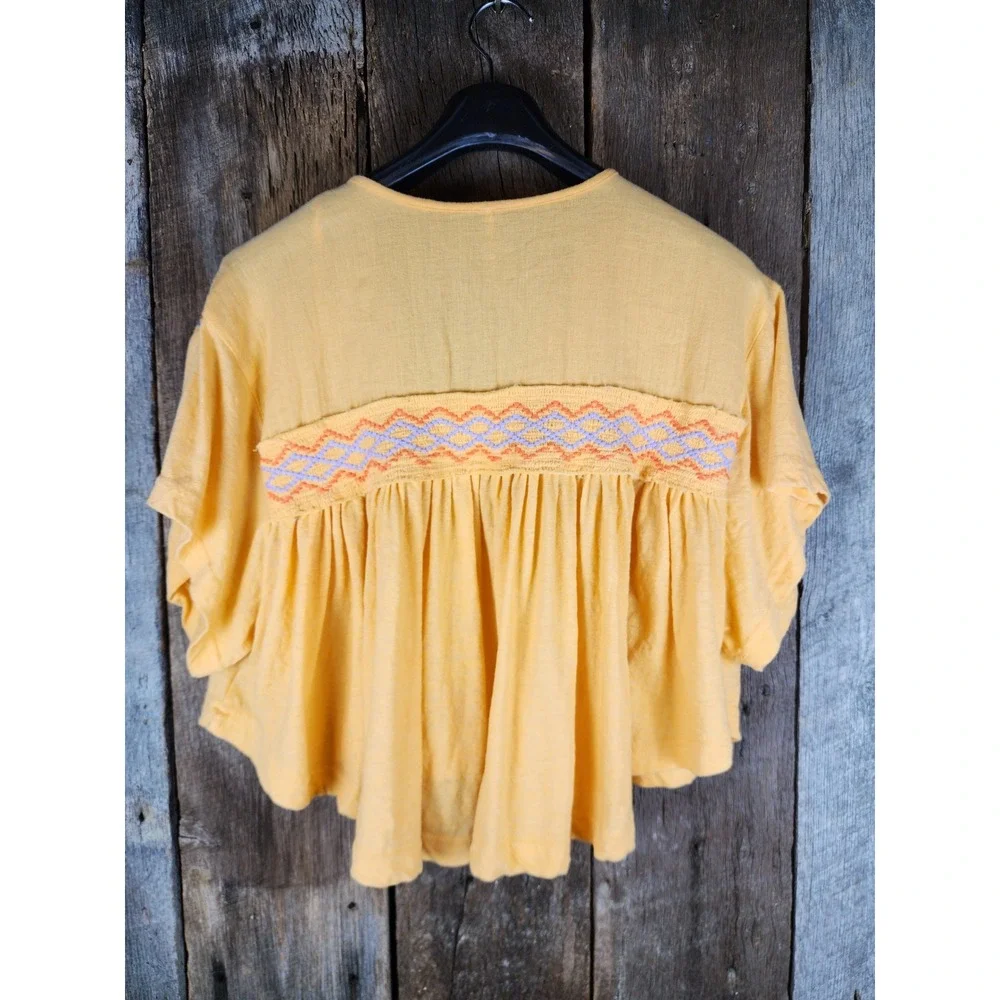 Free People Shirt Embroidered Boho Peasant Blouse Oversized Top OS